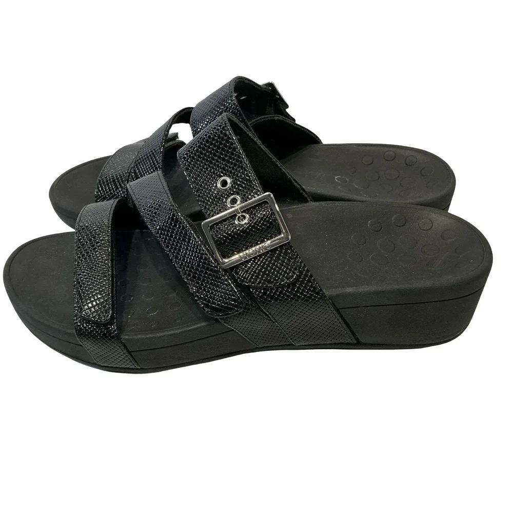 Vionic‎ Sandals Womens Size 11 Black Rio Lizard Skin Slide Buckle Casual Wedge